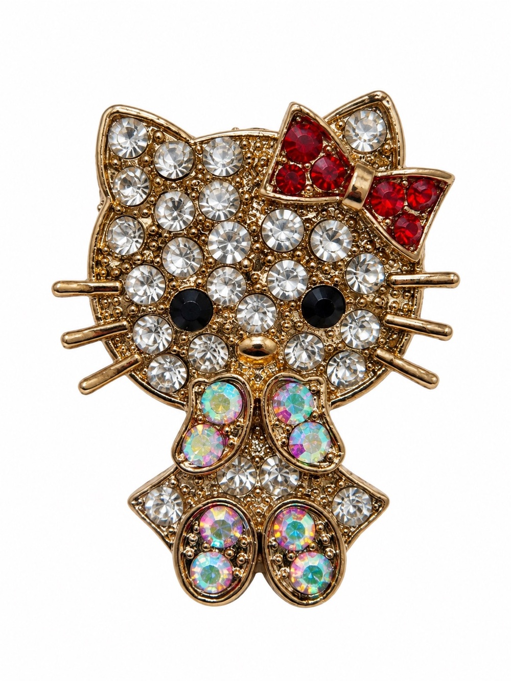 Hello Kitty Vintage Style Rhinestone Brooch Gold Tone Red Bow - Picture 2 of 3